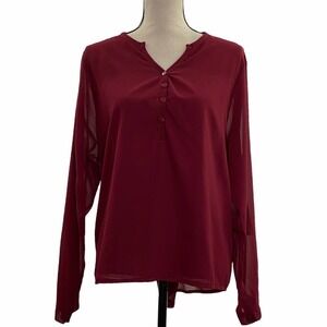 V-NECK Sheer Red Henley Button Blouse Size XXL